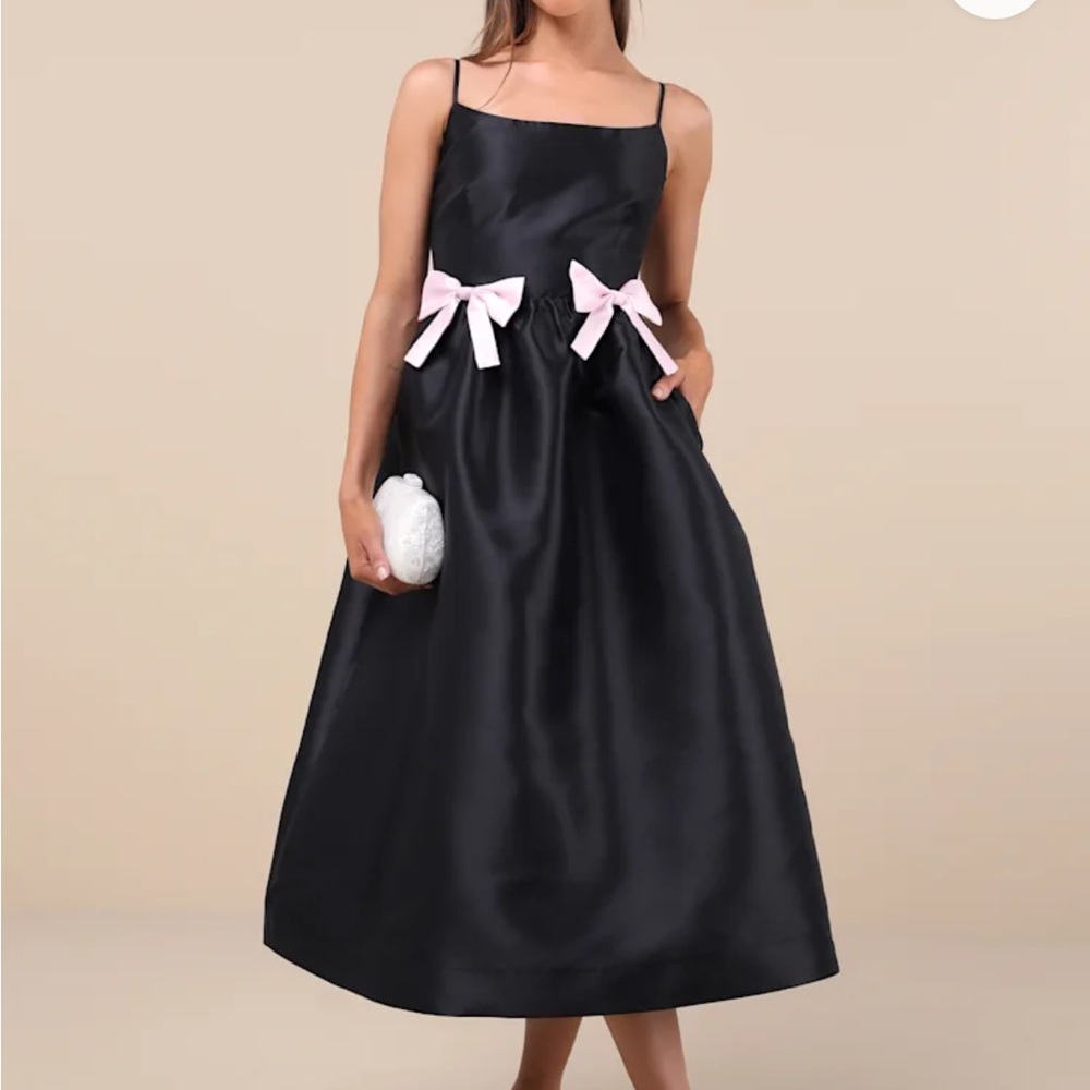 Classy Aesthetic Black Taffeta Bow Midi Dress With Pockets